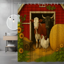 Farmhouse Animal Shower Curtain with Cow, Chicken, and Barn Design