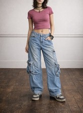 Grunge Punk Rock 90s Style Baggy Wide Leg cargo Blue Denim Jeans Size 10R Women