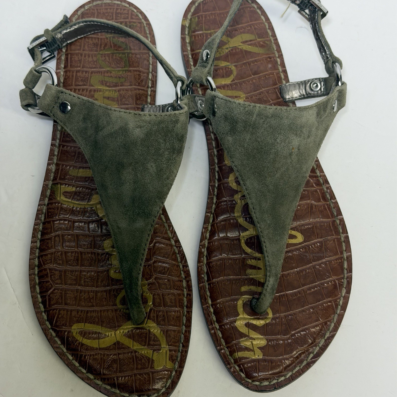 SAM EDELMAN Greta Olive Green Sandals Suede Leather T Strap Ankle. SZ 8