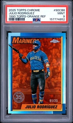 2025 TOPPS CHROME 1990 TOPPS ORANGE REFRACTOR #90CB6 JULIO RODRIGUEZ 1/25 PSA 9