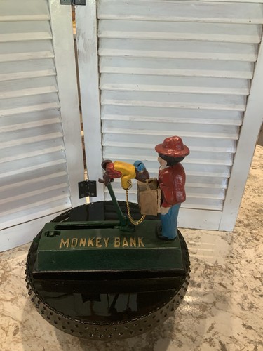 Monkey Bank Vintage Cast Iron Mechanical Coin Bank Working Reproduction - Picture 5 of 8