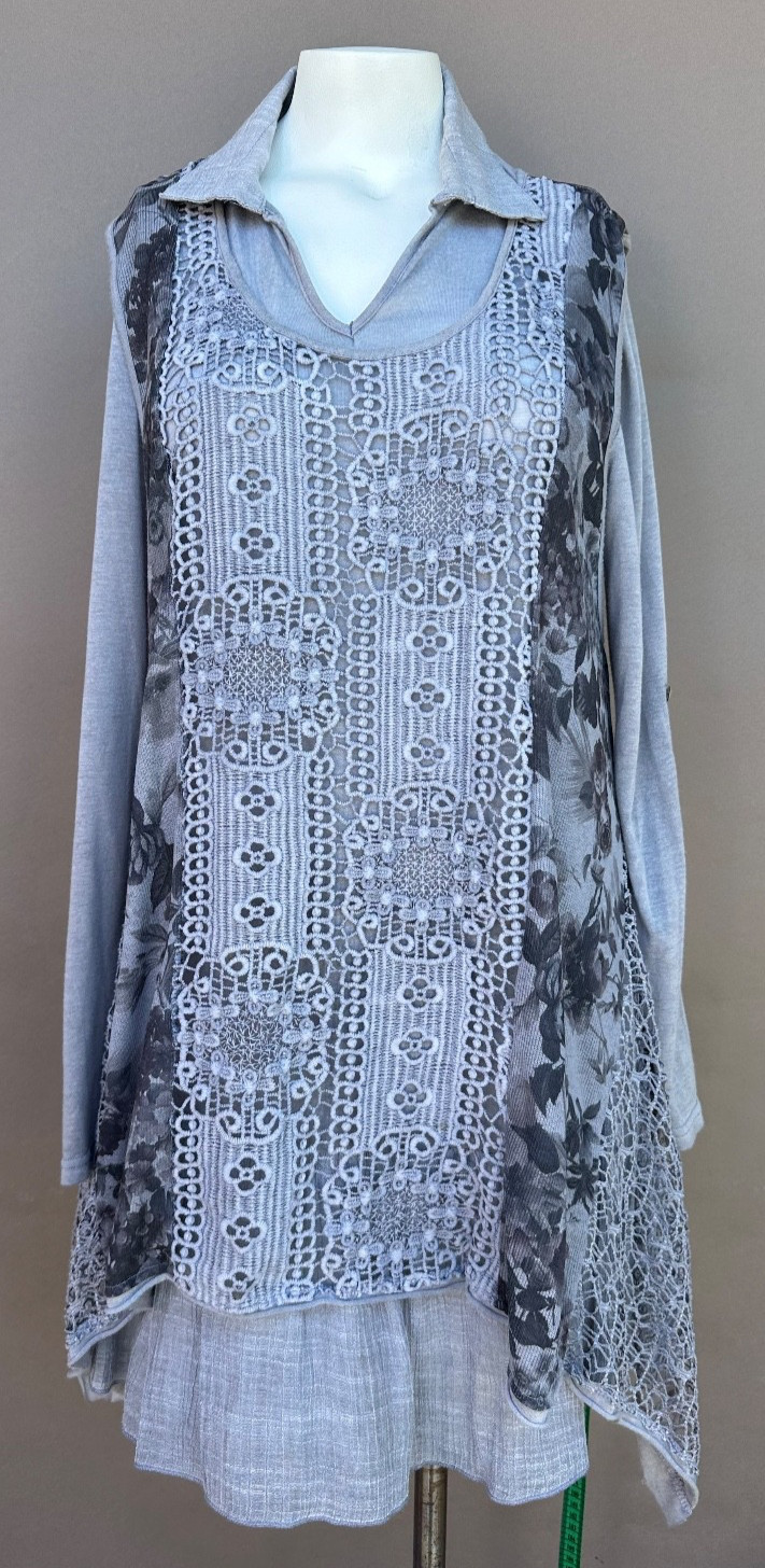 Gray Crochet Patchwork Tunic Top L Lagenlook Boho… - image 13