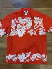 VINTAGE Hilo Hattie Men s Hawaiian Large Button Up Shirt Orange Hibiscus RETRO