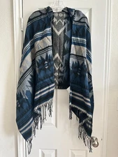 Wendy Bellissimo Blue Aztec Print Hooded Maternity Poncho Wrap, Fringe