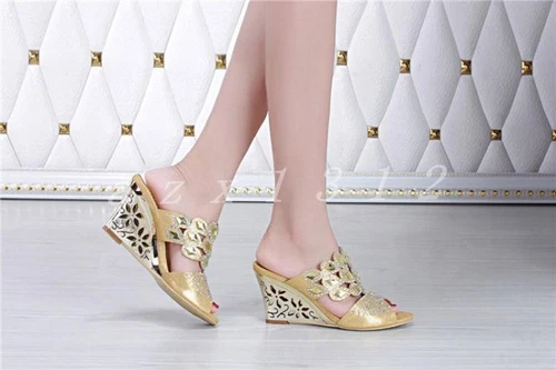 New Womens Open Toe Rhinestone High Wedge Heel Slippers Party Dress Sandal Shoes - Picture 6 of 15