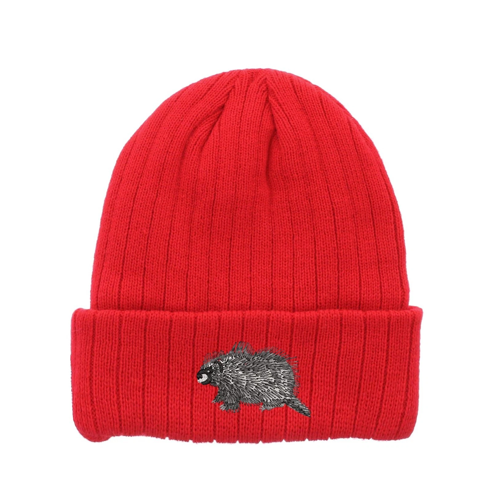 Hedgehog porcupine embroidered fleece beanie hat, insulated winter beanie hat