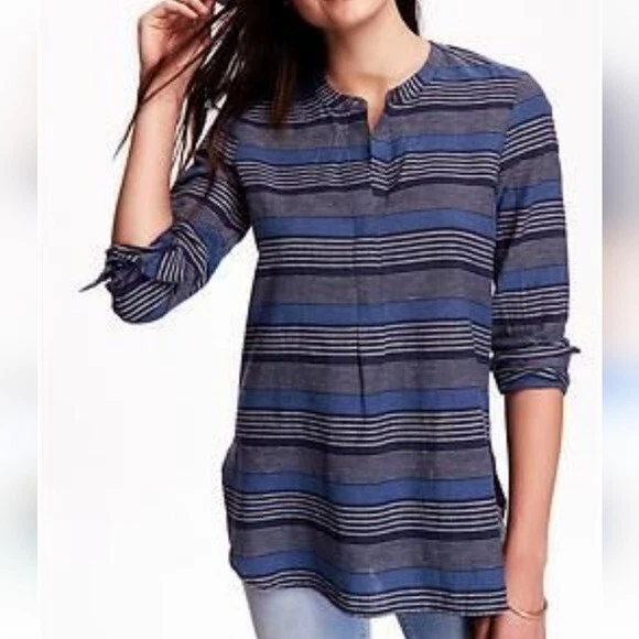 Old Navy Linen Striped Top Womens XL Gray Blue Boho Retro Peasant Casual Comfy - Image 2 of 4