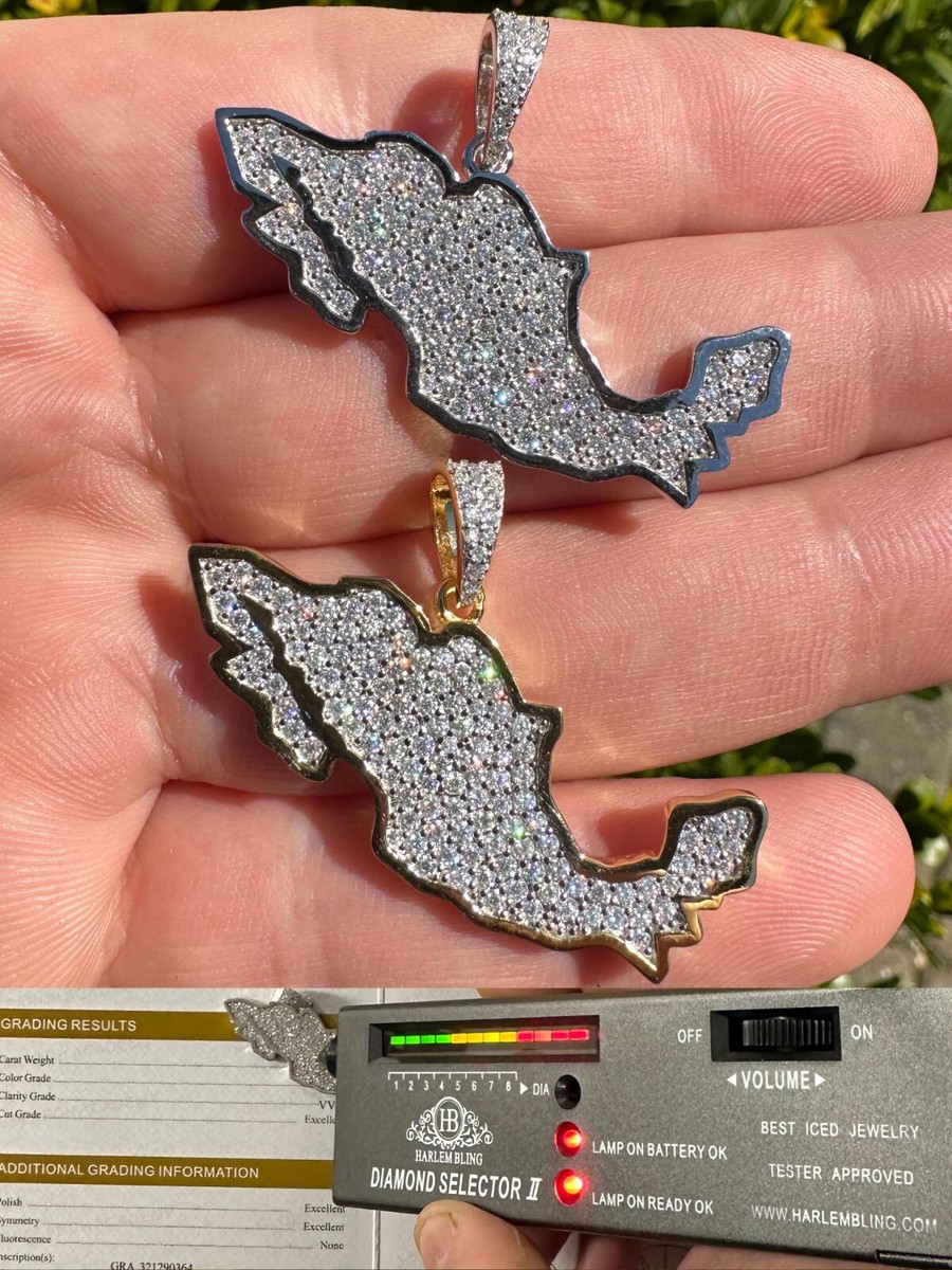 MOISSANITE Real 925 Silver / Gold Mexico Map Shape Flag Necklace