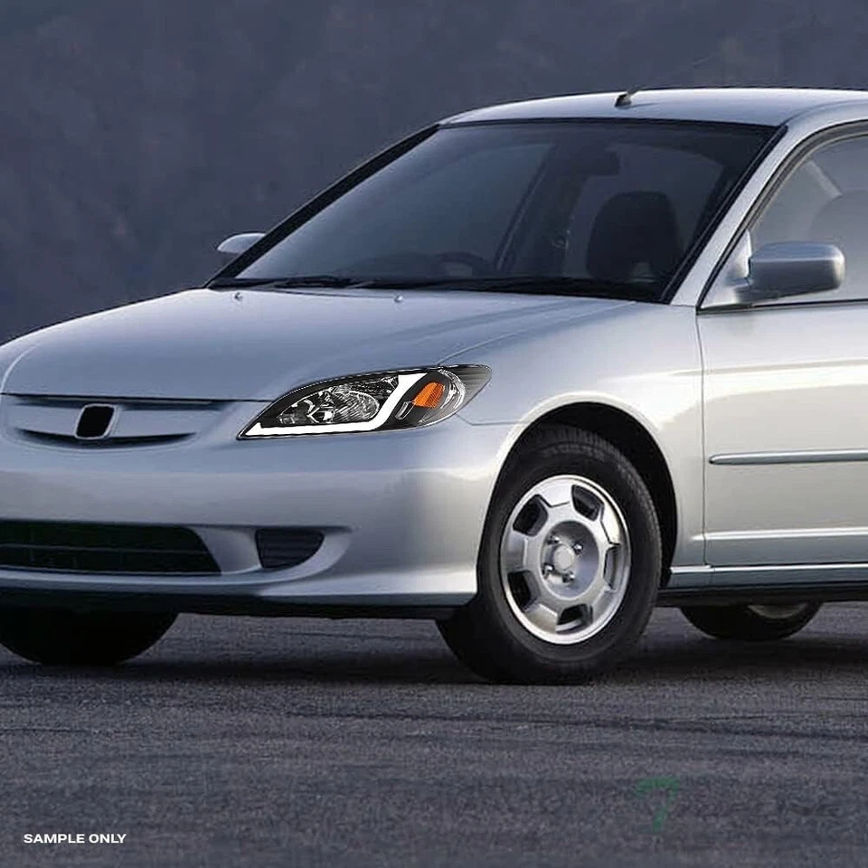 For 2004-2005 Honda Civic 2/4 Door Headlights Front Black Housing LED Tube Pair - Image 2 of 4