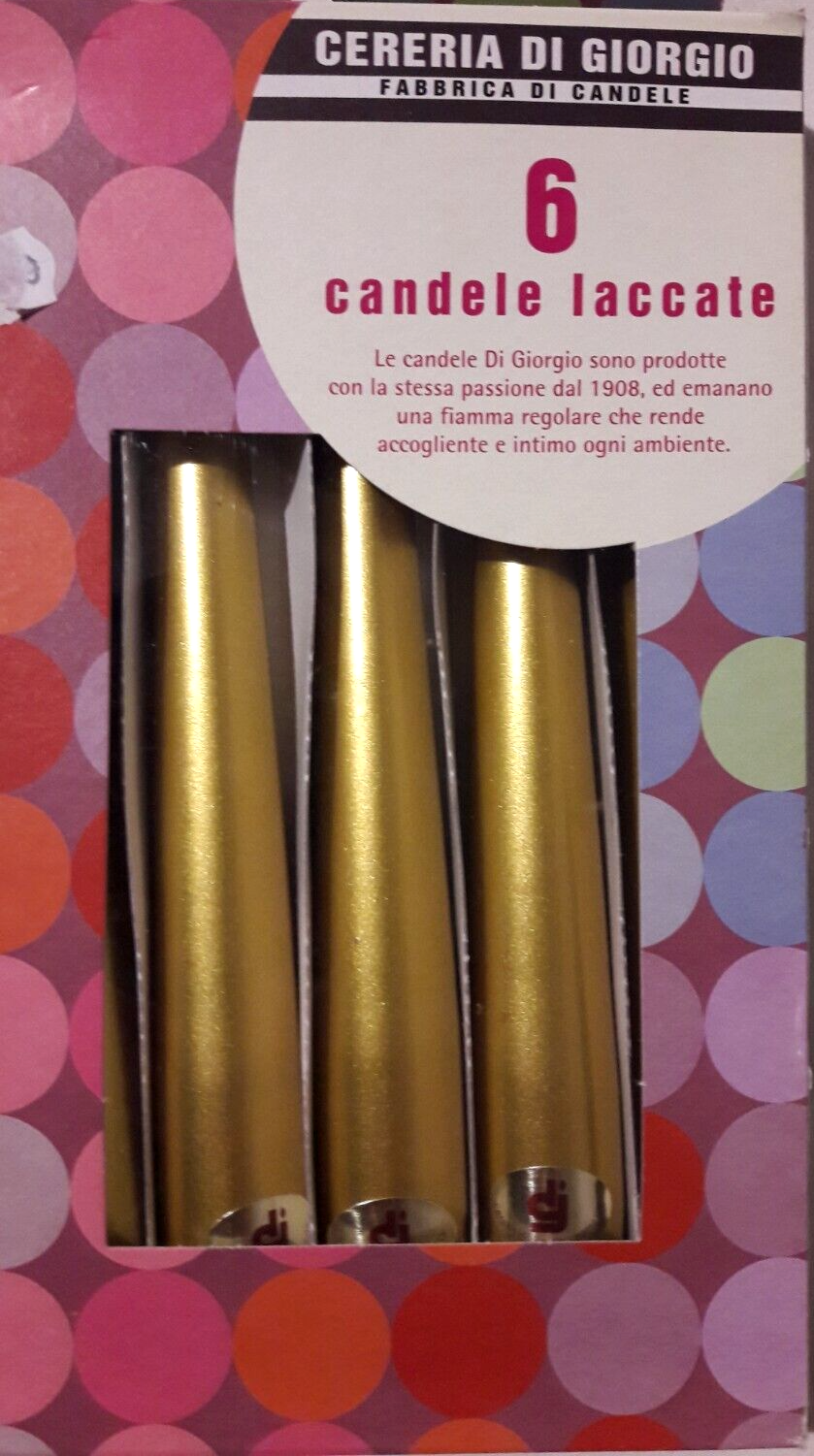 CERERIA DI GIORGIO 6 CANDELE LACCATE ORO LISCE CM 2,2X20 DURATA 4,5 ORE NUOVE