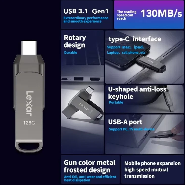 Lexar D400 USB Flash Drive USB 3.1 Type C/A Memory Stick Dual Slot USB Flash - Image 2 of 4