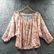 Hot Options Womens Blouse Top Size 12 Pink Floral Lace Sheer Trim 3/4 Sleeve