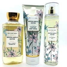 SET BATH & BODY WORKS WHIPPED VANILLA CHIFFON FRAGRANCE MIST, CREAM & SHOWER GEL