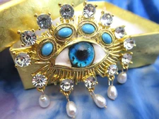 Beautiful! Designer Inspired Evil Eye BLUE EYE  RHINESTONE  GOLD BROOCH PIN