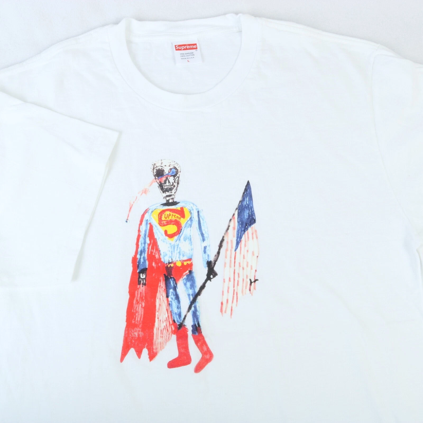 NEUF TEE SHIRT GRAPHIQUE SUPREME WHITE SUPERMAN SQUELETTE DRAPEAU USA COTON SONNERIE ÉQUIPAGE LG