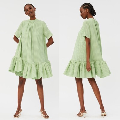 NWT STINE GOYA Wendy Sage Green Stripe Ruffle Short Sleeve Mock Neck Dress XS