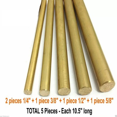 Lot De 5 Barres Rondes En Laiton Solide - Diamètres 1/4", 3/8", 1/2" & 5/8" - Longueur 10.5" - Neuf