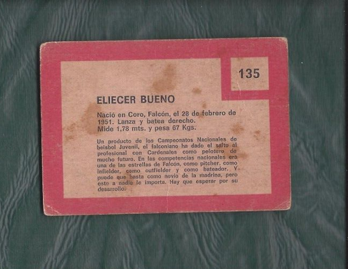 Tarjeta de béisbol venezolana Topps 1967 #135 Eliecer Bueno Lara en muy buen estado+/en muy buen estado - Imagen 2 de 2