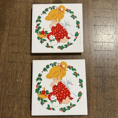 2 Vtg Jasco 1981 Christmas Ceramic Tile Trivets 4  Praying Angel Cat Made Taiwan