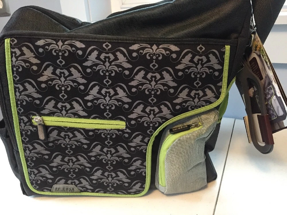 JJ Cole System 180 Diaper Bag, Black Damask, Grips, Changing Pad, NWT, NEW