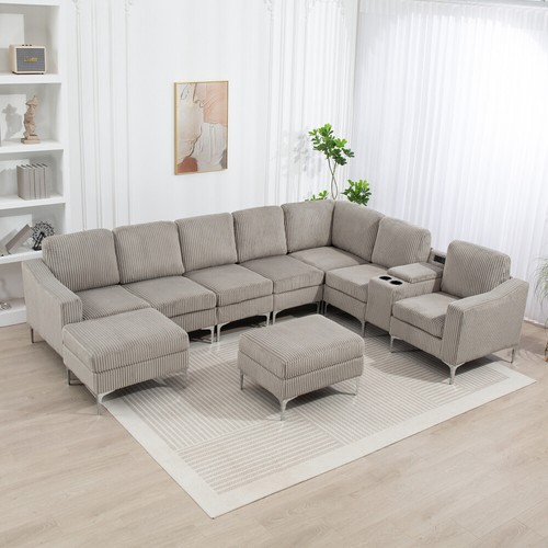 Convertible Sectional Corduroy Sofa w Storage Ottoman, Cupholders, USB Ports - Picture 3 of 21