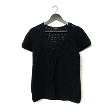 A.P.C. Crochet Knit Lace Up Wool Angora Top Short Sleeve Cardigan Size S Black