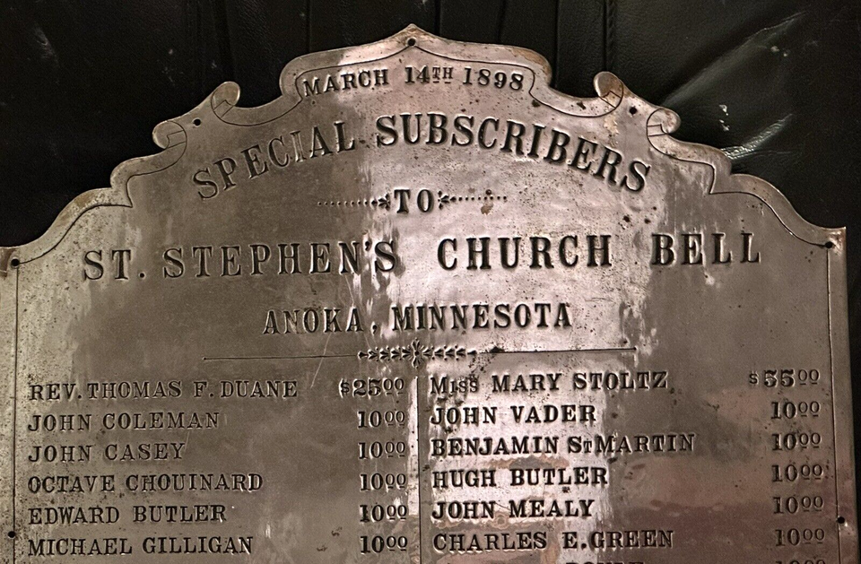 BRASS SIGN 1898 ENGRAVED CONTRIBUTOR W NAMES 4 ST STEPHENS CHURCH BELL