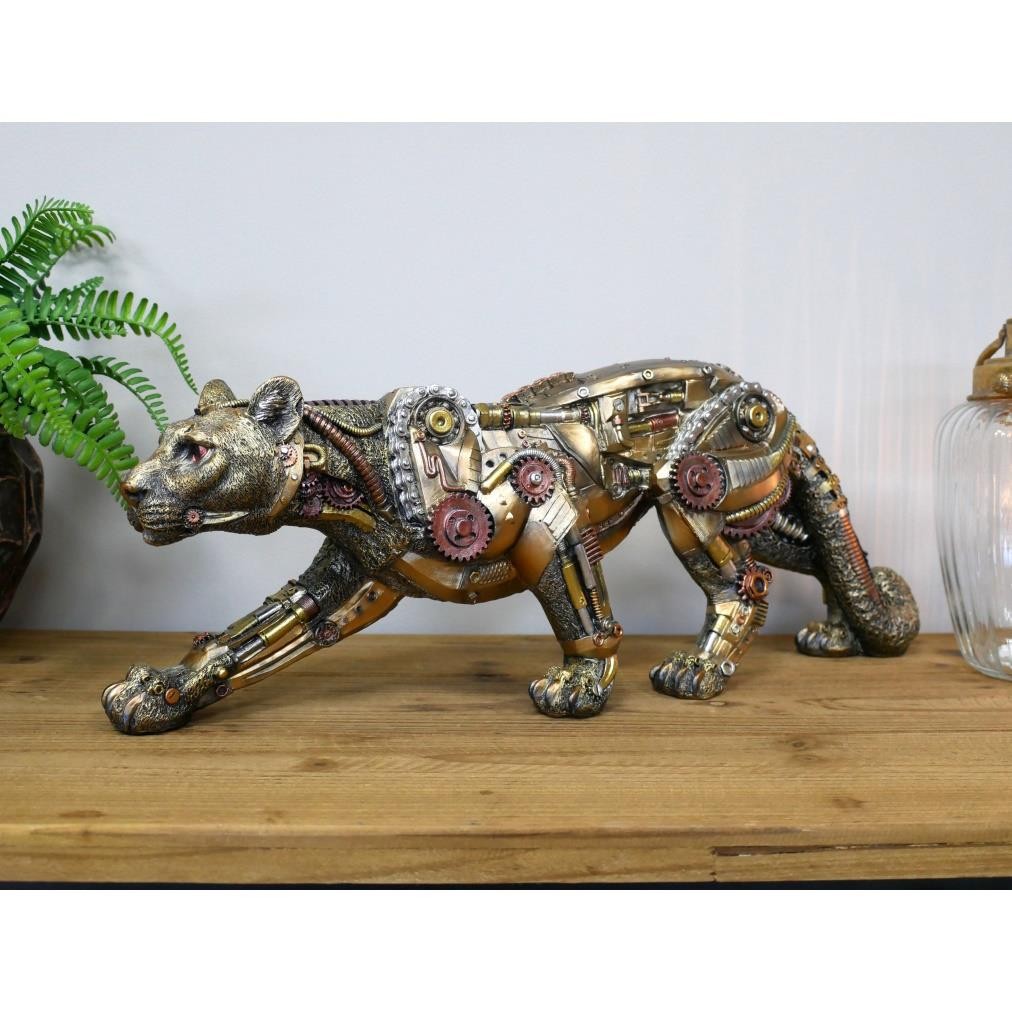 Steampunk Big Cat Ornament Metal Effect Statue Jaguar Leopard Panther Figurine - Image 2