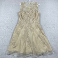 Tahari Arthur S Levine Dress Womens 10 Champagne Gold Floral Embroidery Cocktail