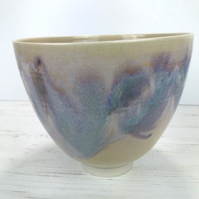 Vintage Artisan Crafted Purple Pink Pastel Pottery Bowl Signed Huntley 1986