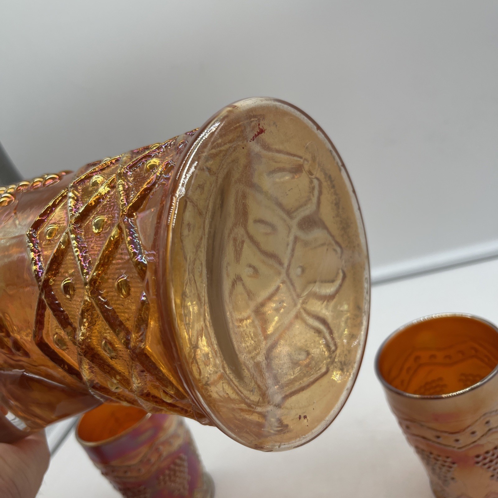 Fenton Marigold Carnival Glass Lattice & Grape Water Set Pitcher & 3 Tumblers