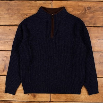 L.L. Bean Merinowolle Pullover Pulli L Herren hochgeschlossen gerippt 1/4 Reißverschluss blau Strick