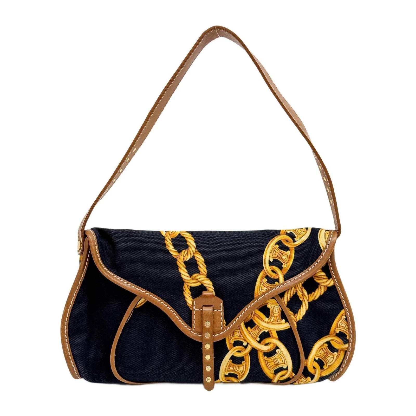 Celine — CELINE Poulbot Chain Navy Blue Canvas Shoulder Bag