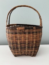 Vintage Handmade Woven Wicker Basket Two-Tone Gathering Market Basket W/ Handle