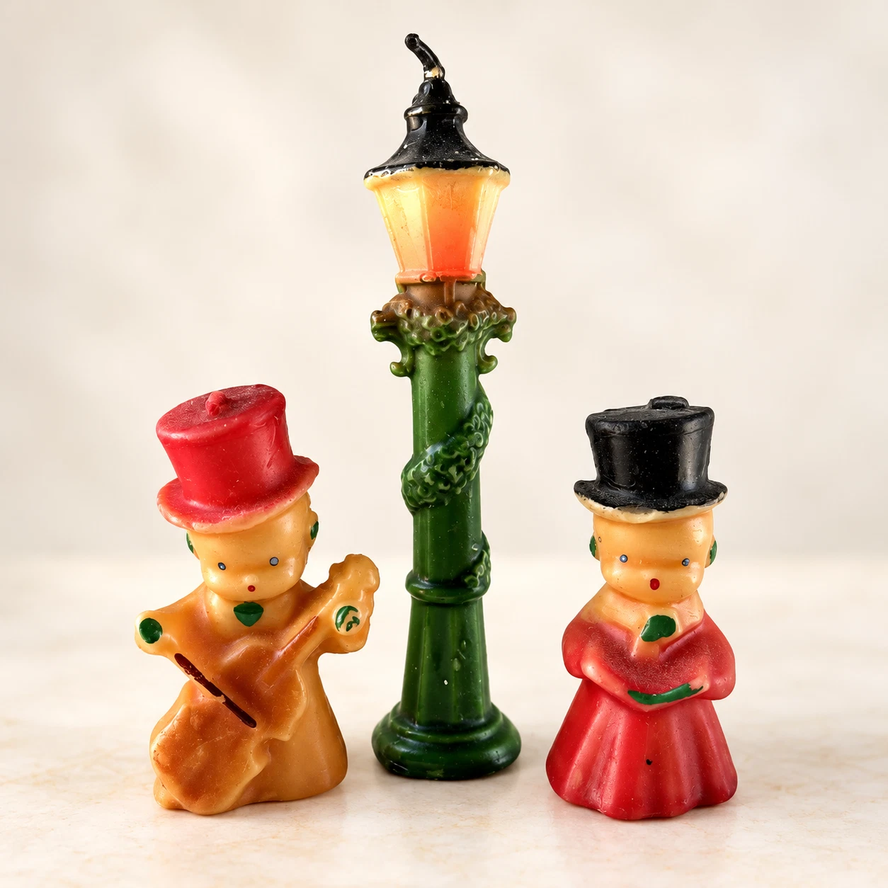 Vintage 1950s Gurley Christmas Candles Carolers Street Lamp Post Set of 3 image 1
