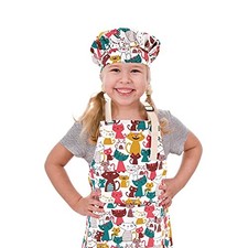 Kids Apron and Chef Hat Set, Adjustable Cotton Child Aprons with Large Cat