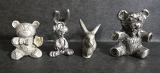 Lot 4 Vintage Pewter Figurines - 2 Rabbits, 2 Teddy Bears, Spoontiques
