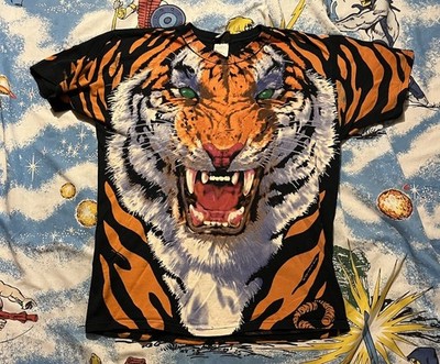 Vtg 1995 Y2K Liquid Blue T-Shirt Tiger John Connell Size Large AOP All Over Prom