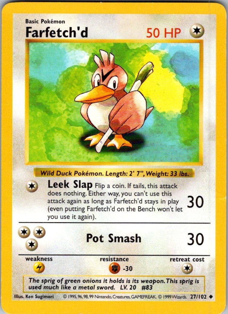 Farfetch'd 27/102 Uncommon Base Set Shadowless Pokemon Unlimited Heavily Played