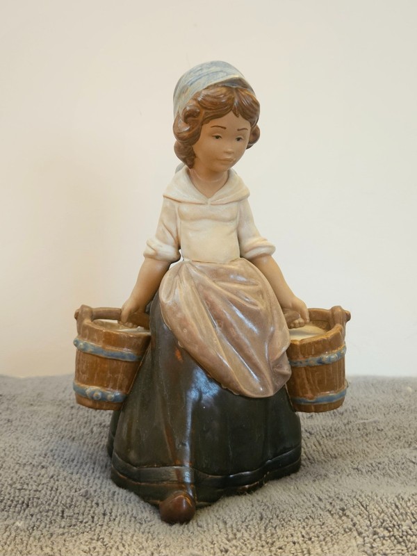 Lladro Girl with Two Pails  Porcelain Figurine Gres Finish