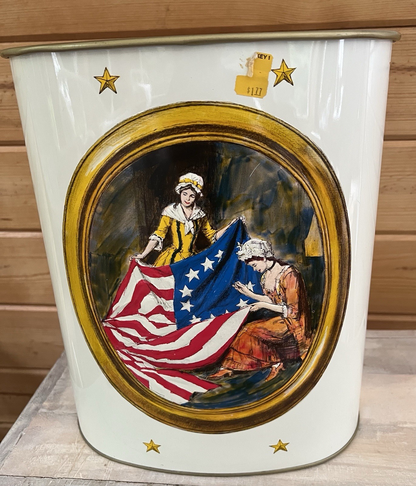 1970s Embossed JL Clark Trash Can Metal American Flag Patriotic Independence Day
