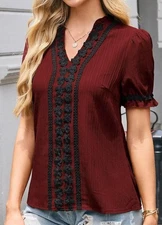 Dressy Shirts Work Blouses, Puff Short Sleeve, Business Casual - Wine Color