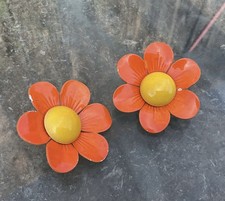 Vintage Orange Yellow Enamel Flower Clip-On Earrings Statement Fashion