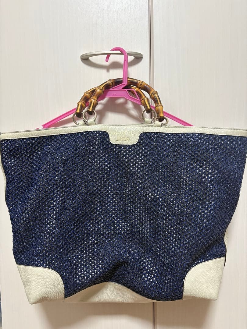 GUCCI Tote Bag Navy Bamboo Handle Large Unisex Marine Style Authentic