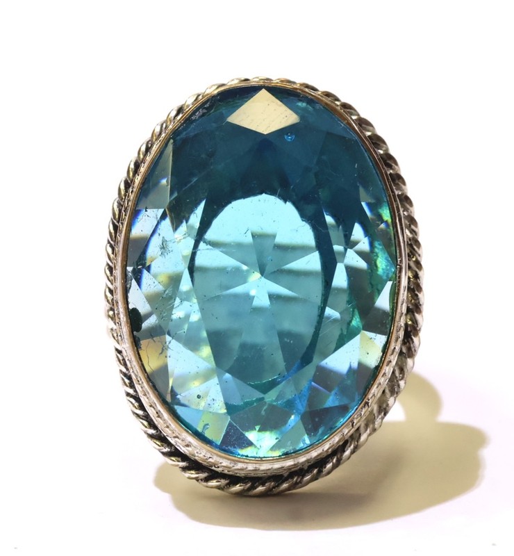 925 sterling silver tribal oval blue Ice Cubic Zirconia gemstone ring 11.2g