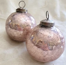 Victorian Trading Set of 2 Pink Crackle Mercury Glass Christmas Ornaments 14B