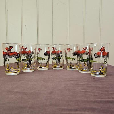 Vtg Hazel Atlas Pheasant Duck Hunter Dogs 8 oz. Juice Glasses 3.75'' MCM Set of 7