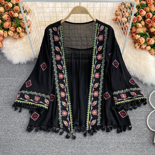 Womens Ethnic Embroidery Blouse Kimono Coat Tops Boho Floral Tassel Casual - Picture 4 of 18