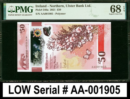 Ireland Northern 50 Pounds 2021 LOW # AA 001905 P-346a Superb GEM UNC PMG 68 EPQ - 第 1/2 張圖片