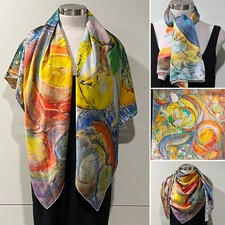 Designer Silk Satin Colourful Abstract Art Print Scarf 111x 111cm Overlock Hems